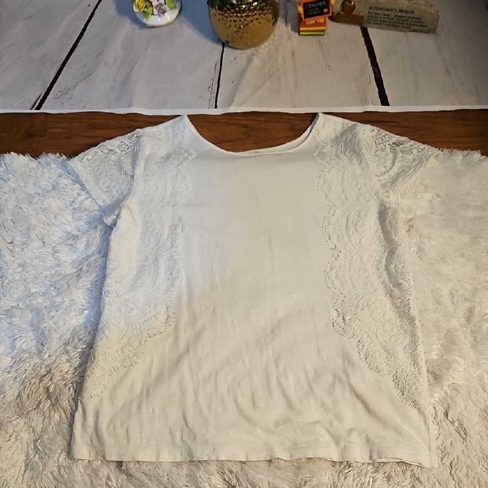 Ann Taylor LOFT White Lace Short Sleeve‎ Tee Top Women Large Cotton Blouse